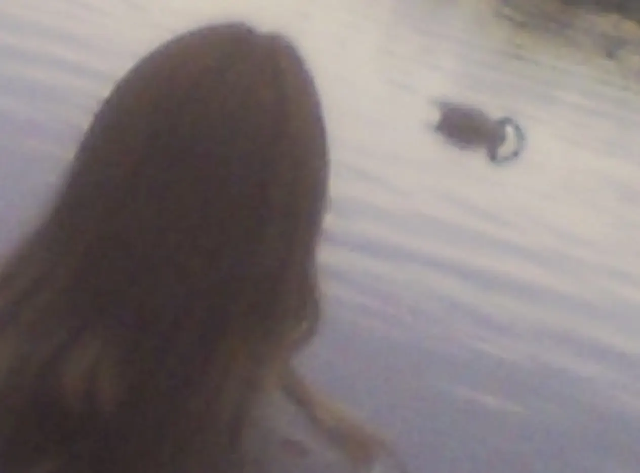 Hair in the foreground, a duck on the water behind